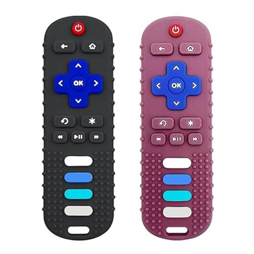 Baby Teething Toys, Food Grade Silicone Teether for Babies 3 6 12 18 Months, TV Remote Shape Toddlers Chew Toys, Freezer BPA Free (Black+Red)