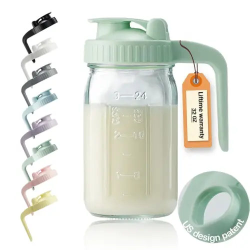 32oz Glass Pitcher with Lid & V-shaped Pour Spout - 1 Quart Breastmilk Pitcher Double Leak Proof, Creamer Container for Sun Tea, Juice, Cold Brew Coffee, Breastmilk Storage Container