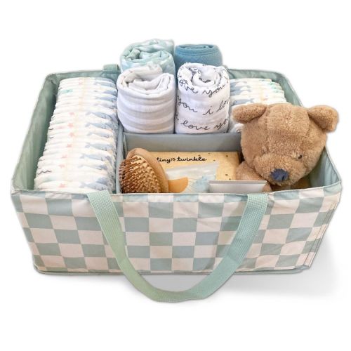 Tiny Twinkle Diaper Caddy Organizer | Foldable Baby Storage Basket with Removable Divider, Waterproof Fabric for Newborn Essentials (Sage Checkers)
