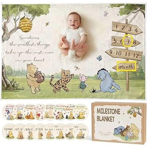 Classic Winnie Bear Baby Monthly Milestone Blanket, Neutral Vintage Bear Quotes Soft Flannel Milestone Blanket with Gift Box Holiday Signs Felt Marker for Winnie Nursery Decor Baby Stuff 60 x 40Inch