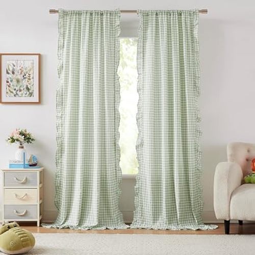ZJDECOR Sage Green Buffalo Plaid Ruffled Window Curtains 84 Inches Length