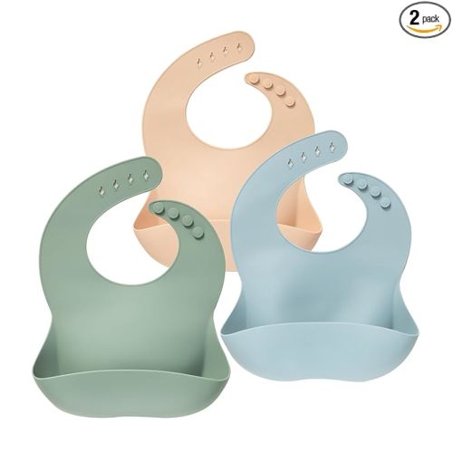 Moonkie Silicone Baby Bibs Set of 3, BPA Free Waterproof Baby Bibs for Eating, Soft Adjustable Silicone Bibs for Babies 6-12 Months, Toddler Bibs with Large Pocket Food Catcher (Ether/Sage/Cream)