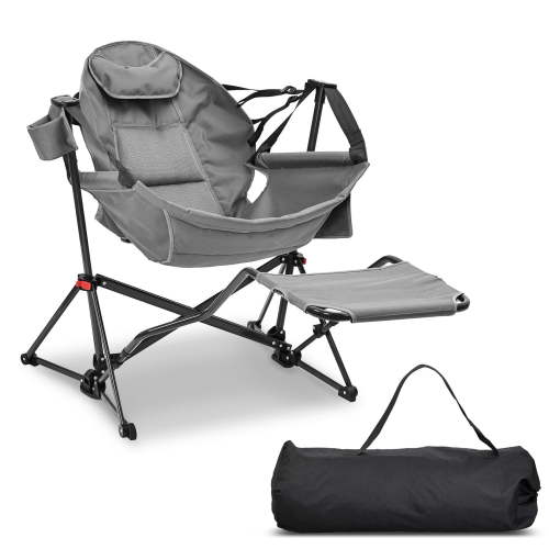 Ainfox Foldable Portable Rocking Camping Chairs with Footrest, Cup Holder, Pillow, Grey
