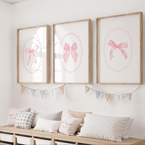 NATVVA Light Pink Bow Canvas Painting 3 Pieces Pink Nursery Prints Wall Art Pictures for Living Room Home Nursery Decor with Wooden Inner Frame