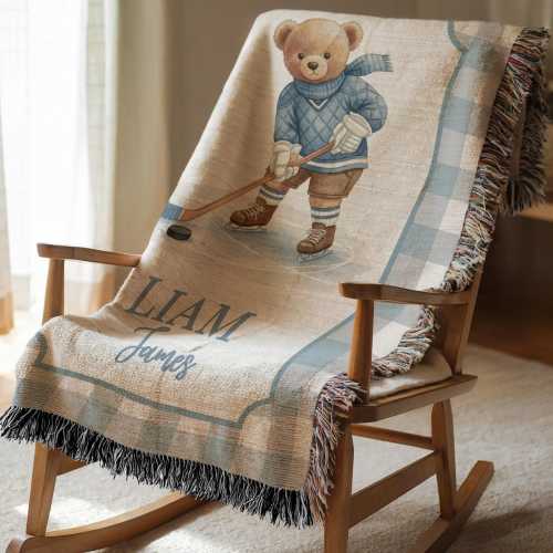 Vintage Hockey Nursery Decor Bear Baby Blanket Personalized Baby Boy Blanket Custom Baby Name Blanket Hockey Boy Baby Shower Gift Keepsake