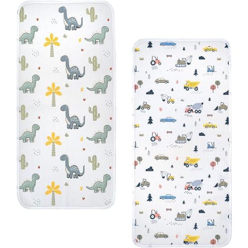 haakaa Waterproof Changing Pad Liners, 100% Cotton, Soft & Breathable (2pcs, 13" x 27.5" Construction Crew+Dino Land)