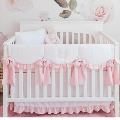 White and Pink Linen 8-pc. Crib Bedding Set | Nursery Design | Baby Girl Bedding – Liz and Roo