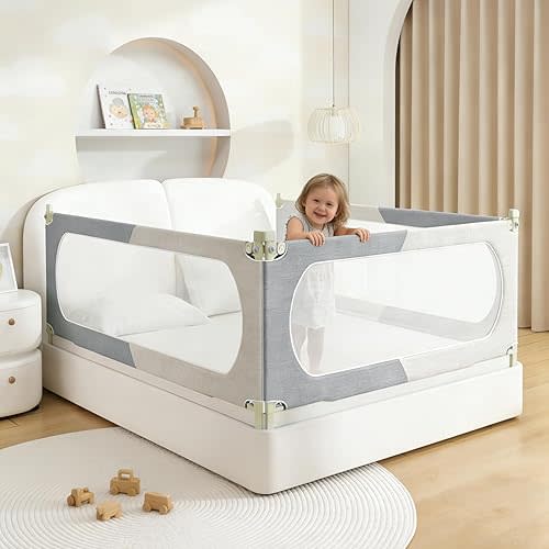 Bed Rail for Toddlers Twin, Full, Queen, King & Cal kingMattress Size | Swing Down Rail Guard | Mattress Side Rail for Kids (Gray and White, (3 Sides for King Size) 79.9x79.9x76 Inch)