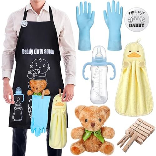 7 Pcs Daddy Duty Apron for Baby Shower Gifts New Dad Funny Black Diaper Apron for Baby Shower First Daddy to Be Father's Day Christmas Gift