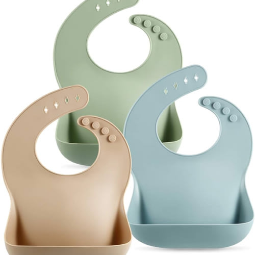 PandaEar Set of 3 Silicone Baby Bibs Waterproof, Soft, Unisex, 10-72 Months (Brown/Blue/Green)