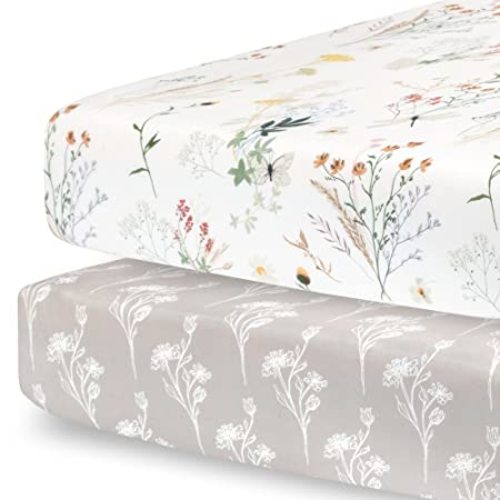 Pobibaby - 2 Pack Premium Fitted Baby Girl Crib Sheets for Standard Mattress - Ultra-Soft Jersey Knit, Safe and Snug, and Stylish Floral Crib Sheet (Wildflower) - Crib Sheets 2 Pack