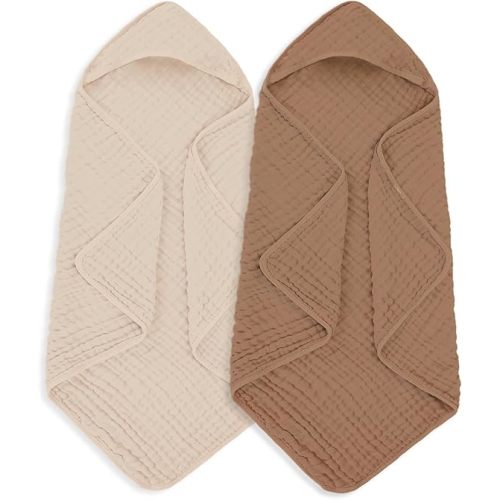 Muslin Hooded Baby Towels 100% Cotton ，Super Soft Muslin Baby Bath Towel - 32 x 32 Inches, Suitable for Newborn and Young Children up to 3 Years Old. (Beige & Coffee)