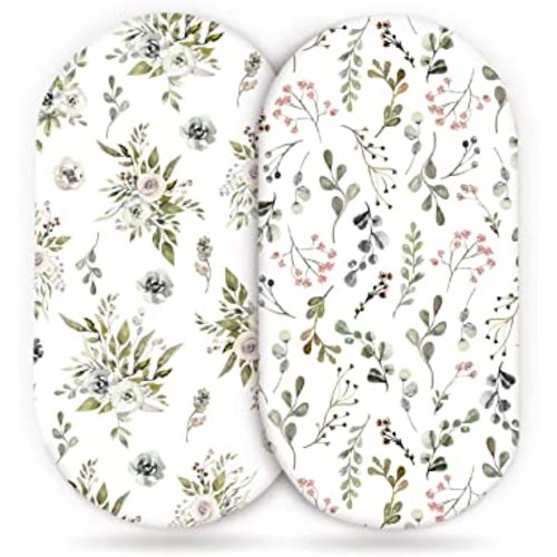 Stretchy Ultra Soft Fitted Bassinet Sheets 2 Pack, Universal Fitted for Bassinets Baby Cradle Moses Basket Oval Rectangle Mattress, Watercolor Rose and Flora Bassinet Sheet for Baby Girls