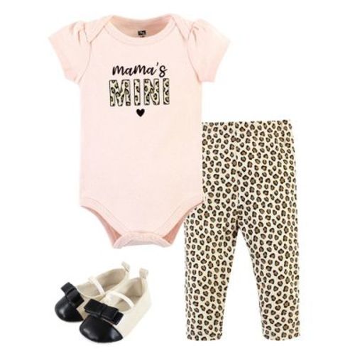 Hudson Baby Infant Girl Cotton Bodysuit, Pant and Shoe Set, Leopard Hearts, Newborn