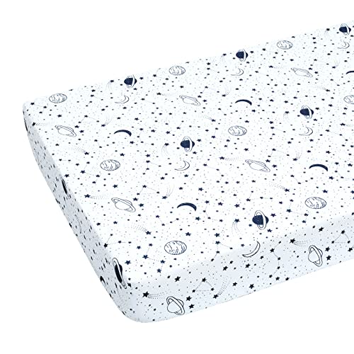 JISEN Baby Crib Sheet 1 Piece Portable Fitted Crib Sheet for Standard Crib and Toddler Mattresses Nursery Bed Decor for Boys Girls 28x52 Inch Stars Planets