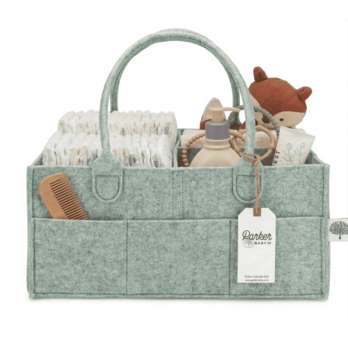 Parker Baby Co. Felt Diaper Caddy - Large Nursery Organizer with Removable Dividers - Sage Green