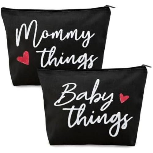 Mommy and Baby Things Cosmetic Bag Black Pregnancy Canvas Makeup Pouch New Mom Essentials Toiletry Organizer Baby Shower Pouches Gifts Hospital Labor and Delivery Pouch Bag Travel Storage Bag for Mom