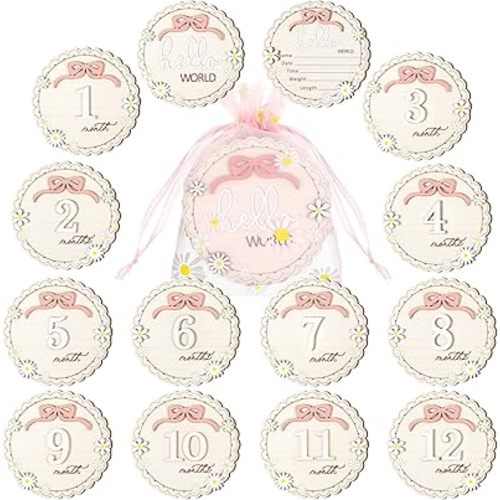 8 Pcs 3D Baby Milestone Cards with Bag Double Sided Bow Hello World Newborn Name Announcement Signs 1-12 Months Girl Daisy Milestone Wooden Circles for Newborn Baby Shower Girl Photo Props