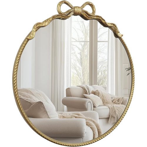 Gold Bow Metal Round Mirror -28inch Elegant Wall-Mounted Vanity Decorative Mirror for Bedroom, Bathroom, Living Room