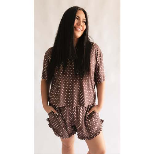 Women's Ruffle Short Set in Brown & Pink Polka Dot