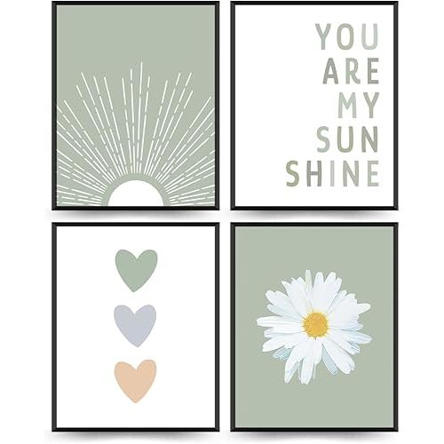PLKMN Sage Green Daisy Wall Art Set of 4, You Are My Sunshine Prints, Boho Decor for Girls Room, Bedroom, Nursery, 8x10 Inch, Unframed