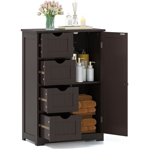 GLACER Bathroom Floor Cabinet, Multifunctional Storage Cabinet with 4 Drawers & 1 Door, Wooden Side Storage Organizer for Laundry Room, Living Room or Kitchen(Brown)