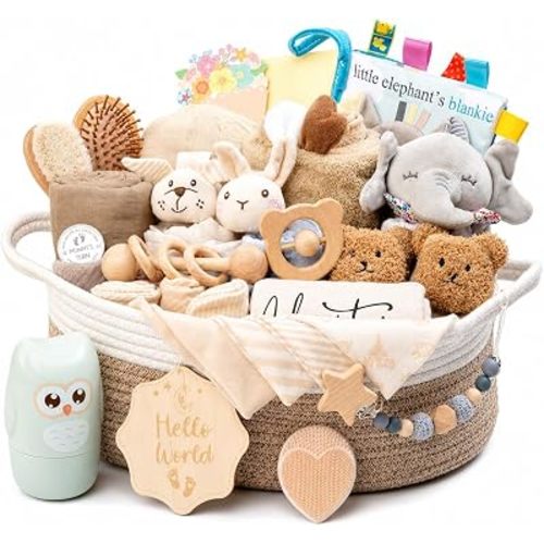 30 Piece Baby Gift Basket – Luxury Curated Baby Girl Gift Basket for Newborn, Premium All-in-One Baby Shower Gift Set, Essentials with Keepsakes for First Visit (Khaki)