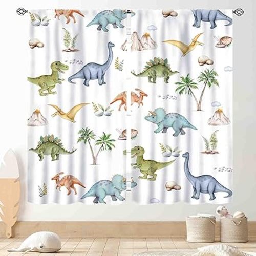 Dinosaur Curtains for Boys Room, Cartoon Dino Funny Cute Dinosaur Safari Animals Colorful Window Treatments Drapery for Kids Girls Baby Bedroom Living Room Nursery Bathroom 2 Panels, 52"x84" Inch