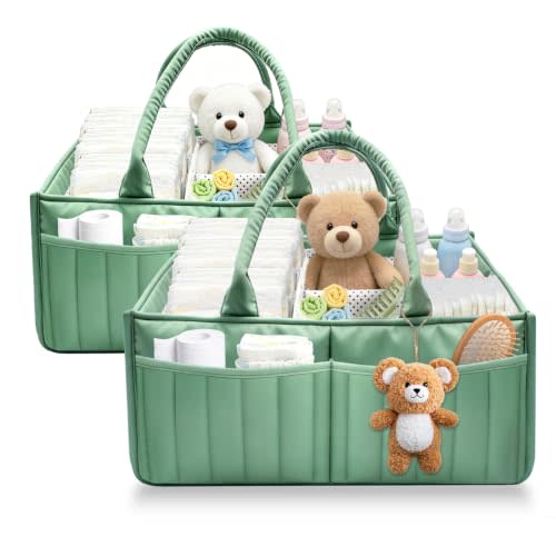 2-Pack Baby Diaper Caddy Organizer,Portable Large Capacity Nursery Storage Basket,Multifunctional Nursery Diaper Holder,Capacity Waterproof Storage Bin for Infant Diapers,Gift for Baby Shower, Green