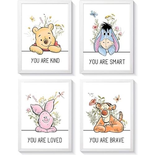 Cute Winnie the Pooh Quote Framed Wall Art Set of 4, Boho Educational You are Brave Strong Smart Kind Wooden Saying Sign, Preschool Inspirational Nursery Wall Decor for Baby Girl Kid Boy Toddlers