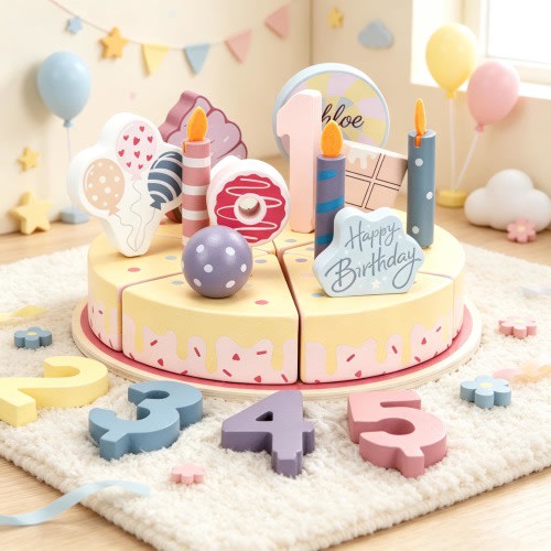 Custom Engraved Wooden Birthday Cake Set – Personalized Montessori Party Toy, Pretend Play Gift for Toddlers, Kids Birthday Present