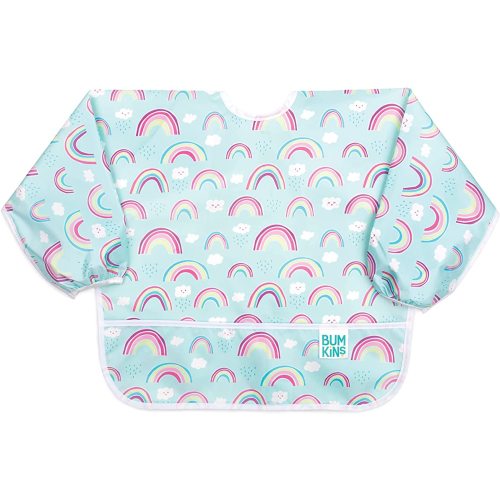 Bumkins Sleeved Bib Baby Bib, Toddler Bib, Smock, Waterproof Fabric, Fits Ages 6-24 Months – Rainbows , 32x13 Inch (Pack of 1)