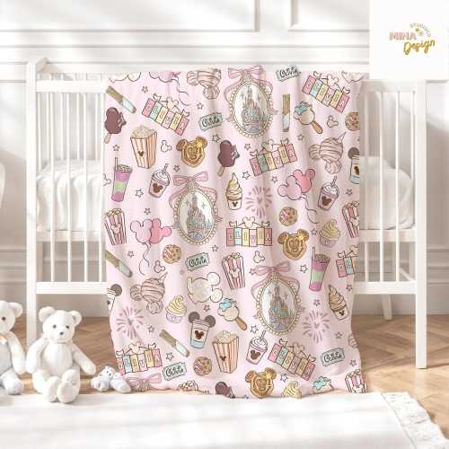 Personalized Coquette Bow Castle Disney Blanket, Mickey Minnie Snack Drink Birthday Girl Home Decor, Magic Kingdom Kids Baby Girl Blanket