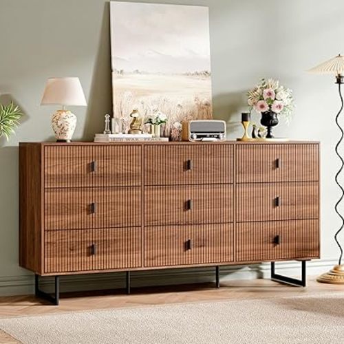 Chrangmay Modern Chest of Drawers with 9 Drawers,Deep Drawers,Clothes Organizer,Large Storage Cabinet for Living Room, Bedroom,Hallway,with Anti-Tipping Device, Walnut.