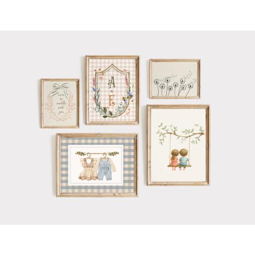 Vintage nursery wall art set with brother and sister sibling nursery theme