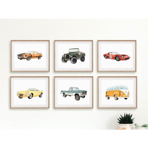Classic Car Prints, Car wall decor, Car nursery theme, watercolor vehicles, watercolor cars, racecar painting, nursery vehicle wall art
