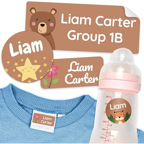 Personalized Daycare Name Labels for Kids [140pcs, Brown] - Waterproof Name Stickers for School, Baby Bottles & Clothing - Custom Name Stickers - Washable Stick On Labels (Various Sizes)