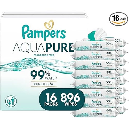 Pampers Aqua Pure Baby Wipes, 99% Water, Fragrance Free, 896 Baby Wipes Total (16X Flip-Top Packs) [Packaging May Vary]