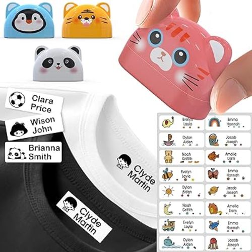 amFilm Name Stamp for Clothing Kids Waterproof, Made in USA, Custom Clothing Stamps Permanent, Personalized Stamp with Name, School Kids Daily Essentials for Fabric Plastic Label