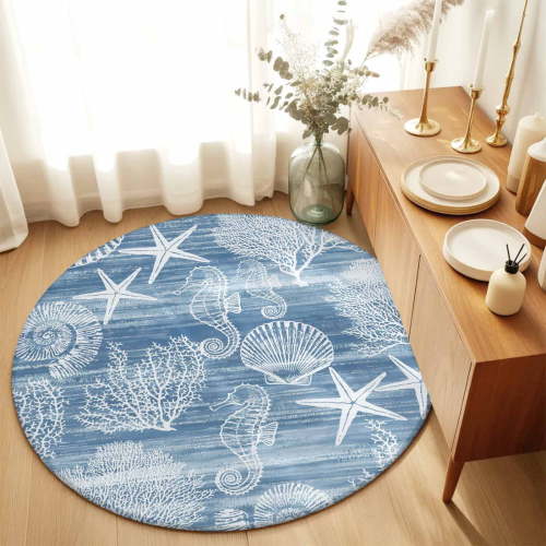 Round Rugs 6Ft, Blue Coastal Round Area Rug Washable Indoor Throw Carpet, Nautical Coral Starfish Shell Seahorse Ocean Soft Non Slip Circle Rug for Office Cabinet Home Decor Aesthetic