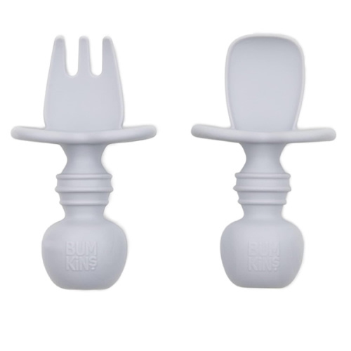 Bumkins Baby Utensils Set, Chewtensils Silicone Spoons for Dipping, Self-Feeding, Baby Led Weaning, Trainer Learning, First Stage Eating, Soft Practice Fork and Spoon, Babies 6 Months, Gray