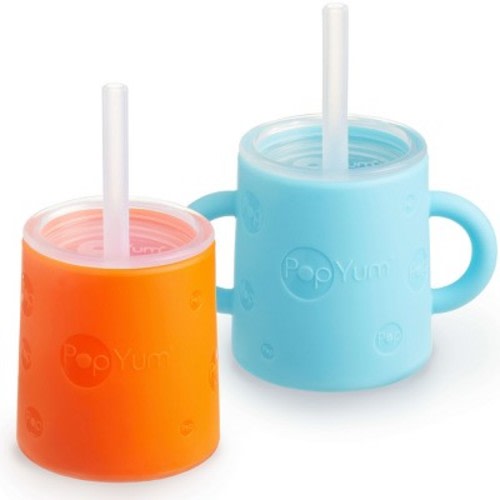 PopYum Silicone Training Cup with Straw + Lid 2-Pack for Baby, Infant and Toddler, Tumbler, Sippy, handles, 5 ounce