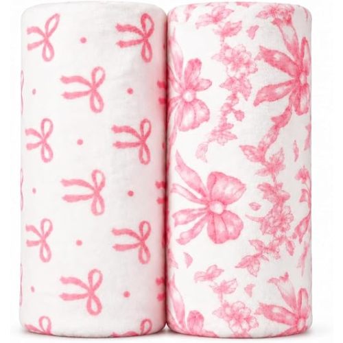 Paquete de 2 mantas de bebé para niños y niñas, mantas de franela suave de 30 x 40 pulgadas, lazo rosa y estampado floral para cochecito de cuna de recién nacido, artículos esenciales para bebé niño y