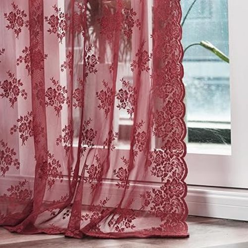 Kotile Burgundy Sheer Curtains 63 Inch Length 2 Panels Rustic Floral Cottagecore Maroon Lace Curtains for Bedroom, Rod Pocket Privacy Light Filtering Vintage Sheer Window Curtains, Each 42 x 63 Inch