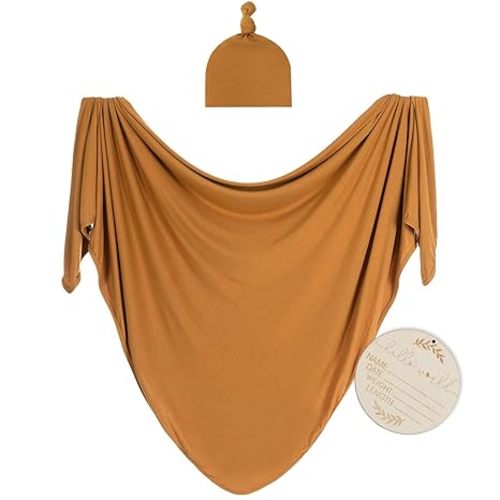 Large Jersey Knitted Swaddle Blanket for Baby, Soft Stretchy Receiving Blanket for Newborns with Hat, Baby Nursery Swaddle 47 x 47 inches(Copper)