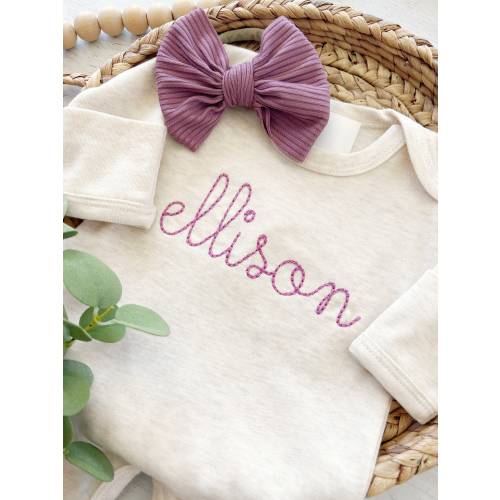 Personalized Oatmeal Romper, Vintage Mauve Embroidery, Baby Girl Outfit