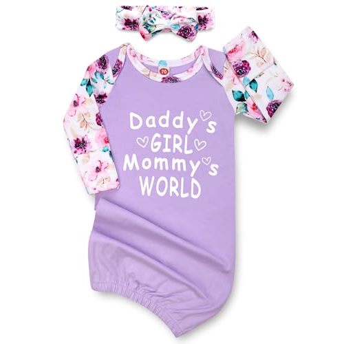 Mikccer Newborn Baby Girl Gown 0-6 Months, Super Soft Newborn Sleepers Gown, Long Sleeve Infant Nightgown for Girls Boys, Baby Girl Outfit Essential with Headband Set Purple