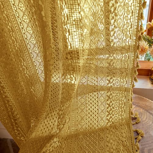 WAZZIO Boho Lace Curtains 84 Inches 2 Panel,Light Filtering Privacy Tassel & Geometry Crochet Semi Sheer Curtain Drapes for Bedroom Living Dining Room,Rod Pocket & Tassel,Mustard Yellow