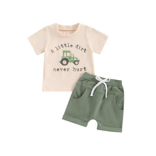 PaerPade Toddler Boys Summer Outfit Set Short Sleeve Letter Tractor Print T-Shirt and Shorts