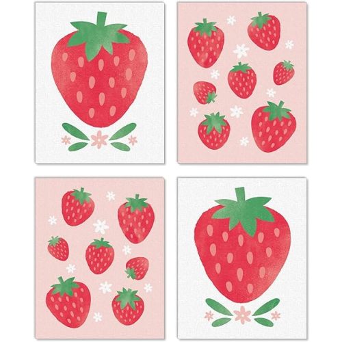 Big Dot of Happiness Berry Sweet Strawberry - Unframed Fruit Kitchen Linen Paper Wall Art - Set of 4 - Artisms - 8 x 10 inches